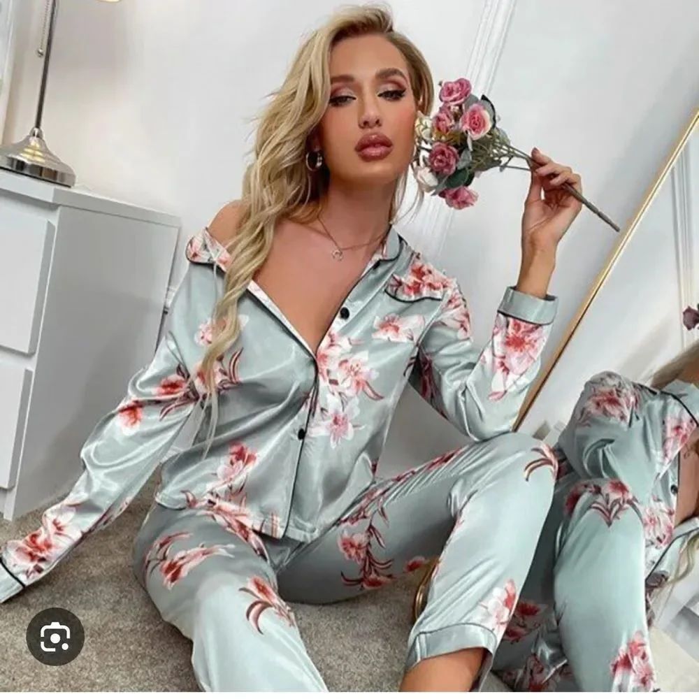 SHEIN Floral Satin Pajama Set - Green and Red #18